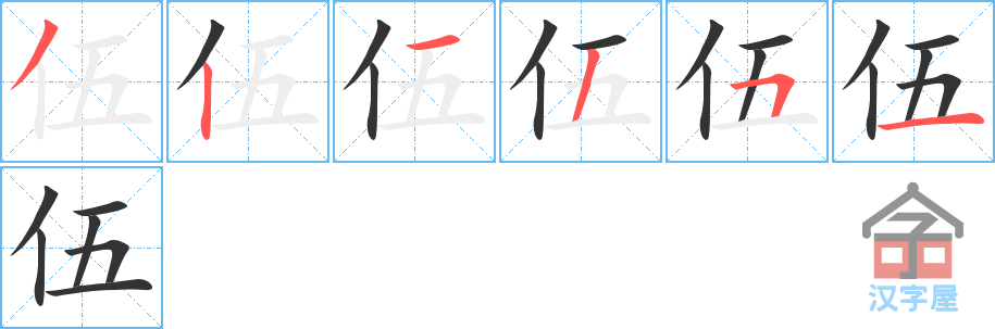 《伍》的笔顺分步演示（一笔一画写字）