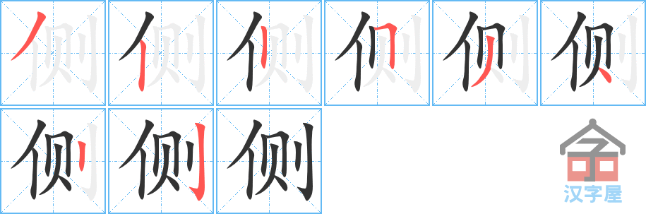 《侧》的笔顺分步演示（一笔一画写字）