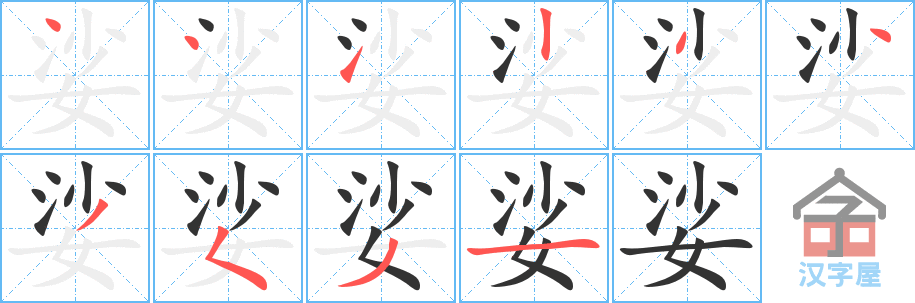 《娑》的笔顺分步演示（一笔一画写字）