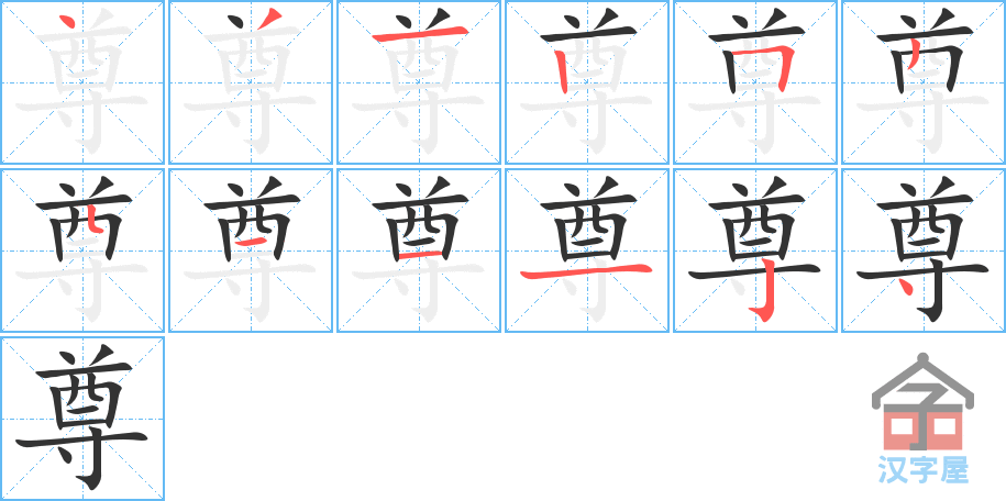 《尊》的笔顺分步演示（一笔一画写字）