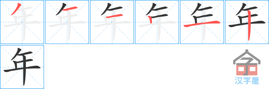 《年》的笔顺分步演示（一笔一画写字）