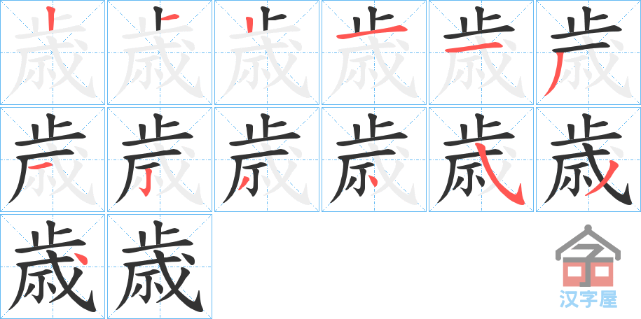 《歳》的笔顺分步演示（一笔一画写字）