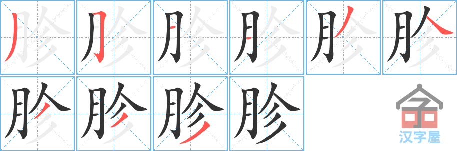 《胗》的笔顺分步演示（一笔一画写字）