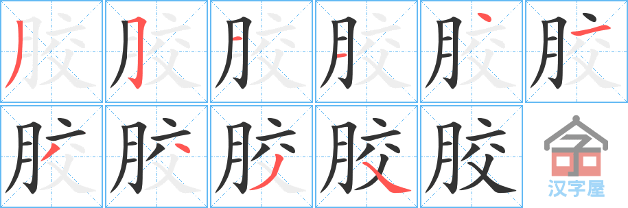 《胶》的笔顺分步演示（一笔一画写字）