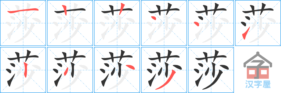 《莎》的笔顺分步演示（一笔一画写字）