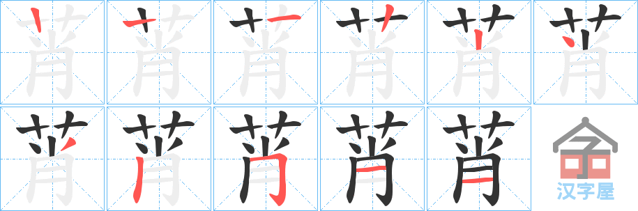 《莦》的笔顺分步演示（一笔一画写字）