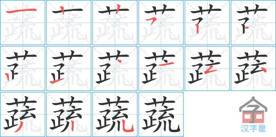 《蔬》的笔顺分步演示（一笔一画写字）