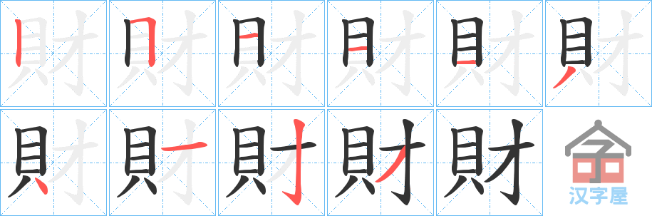 《財》的笔顺分步演示（一笔一画写字）