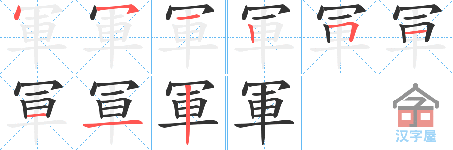 《軍》的笔顺分步演示（一笔一画写字）