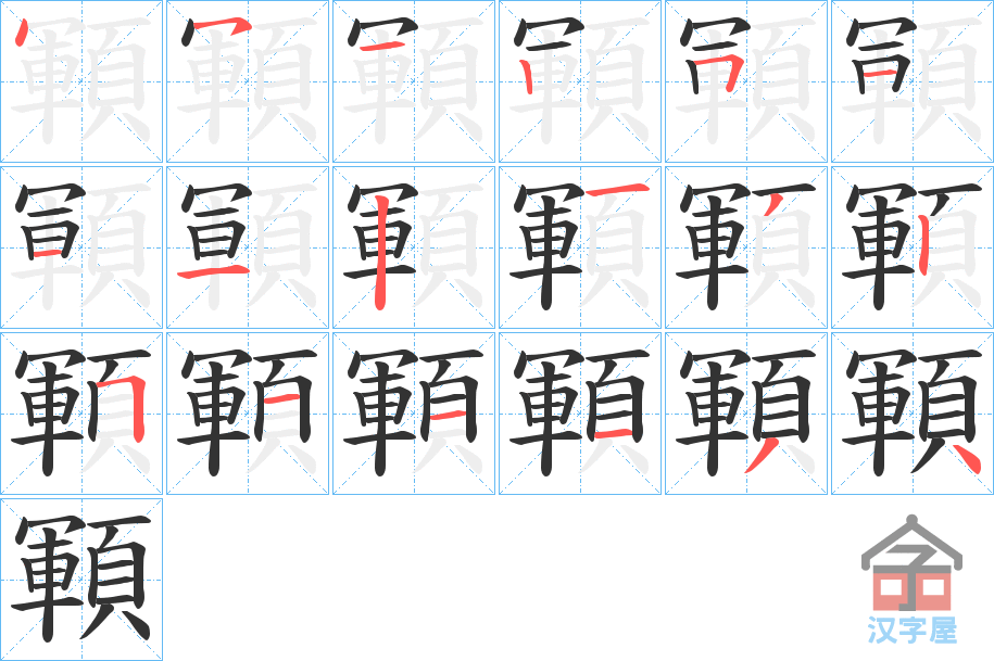 《顐》的笔顺分步演示（一笔一画写字）