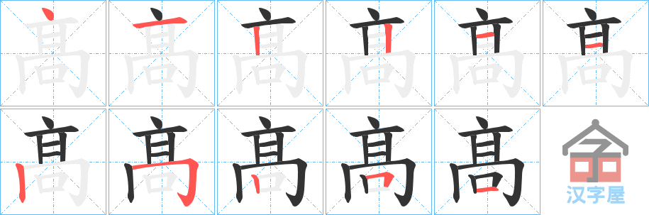 《髙》的笔顺分步演示（一笔一画写字）