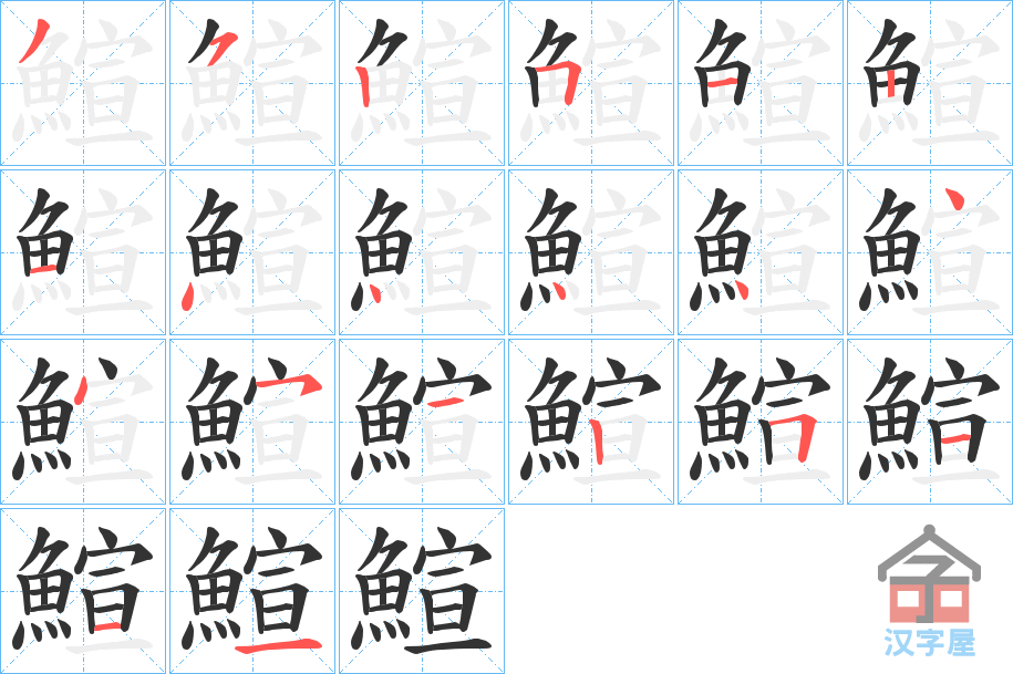 《鰚》的笔顺分步演示（一笔一画写字）